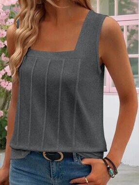Women's Square Neck Sleeveless Tank Top in Charcoal Gray- Full & Plus Sizes